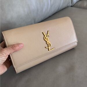 Yves Saint Laurent Gold Logo Beige Clutch